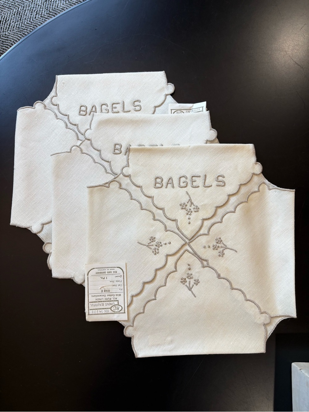Embroidered 'BAGELS' Linen Bread Bags - Cream with Gray Stitching